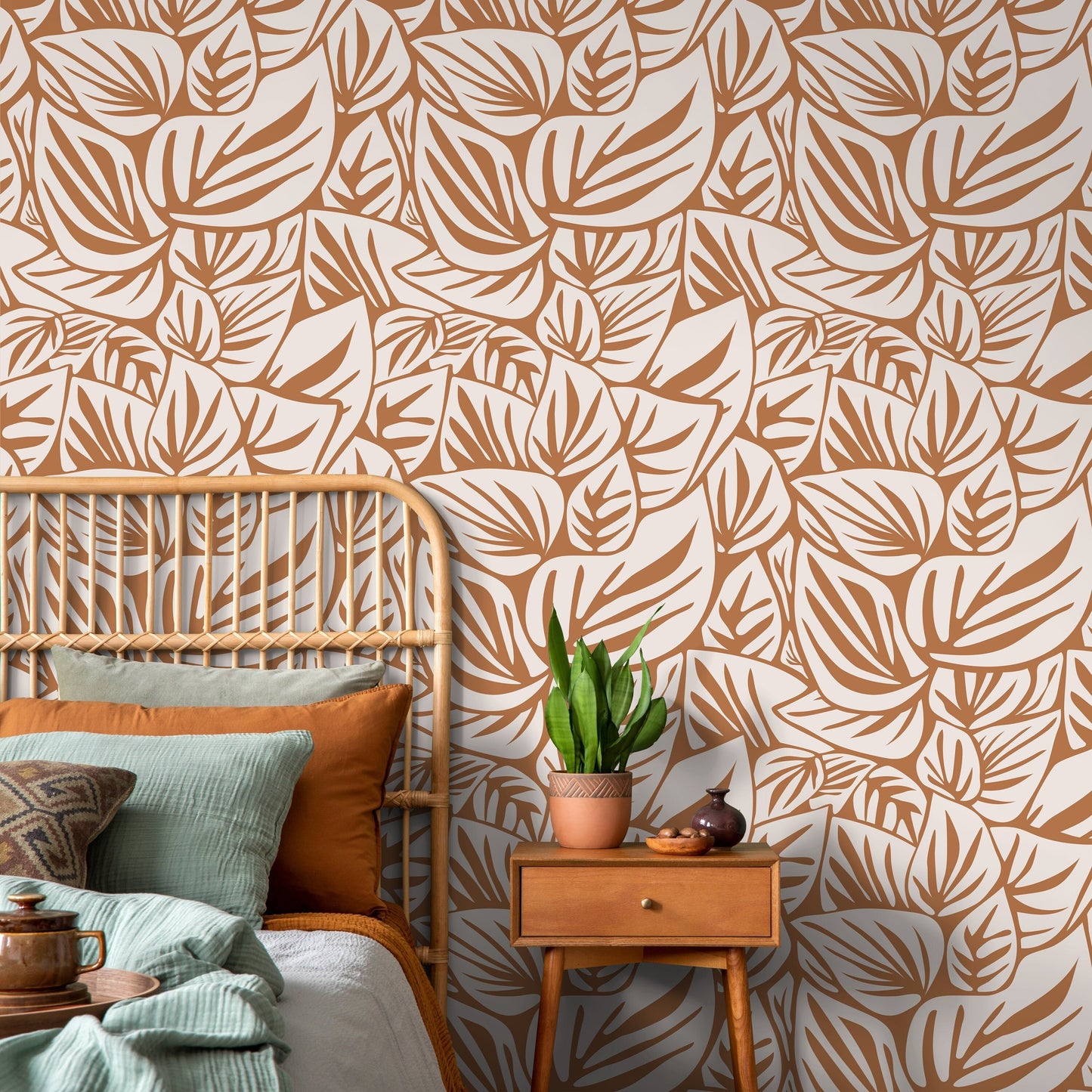 Orange Leaf Wallpaper Modern Wallpaper Peel and Stick and Traditional Wallpaper - D648