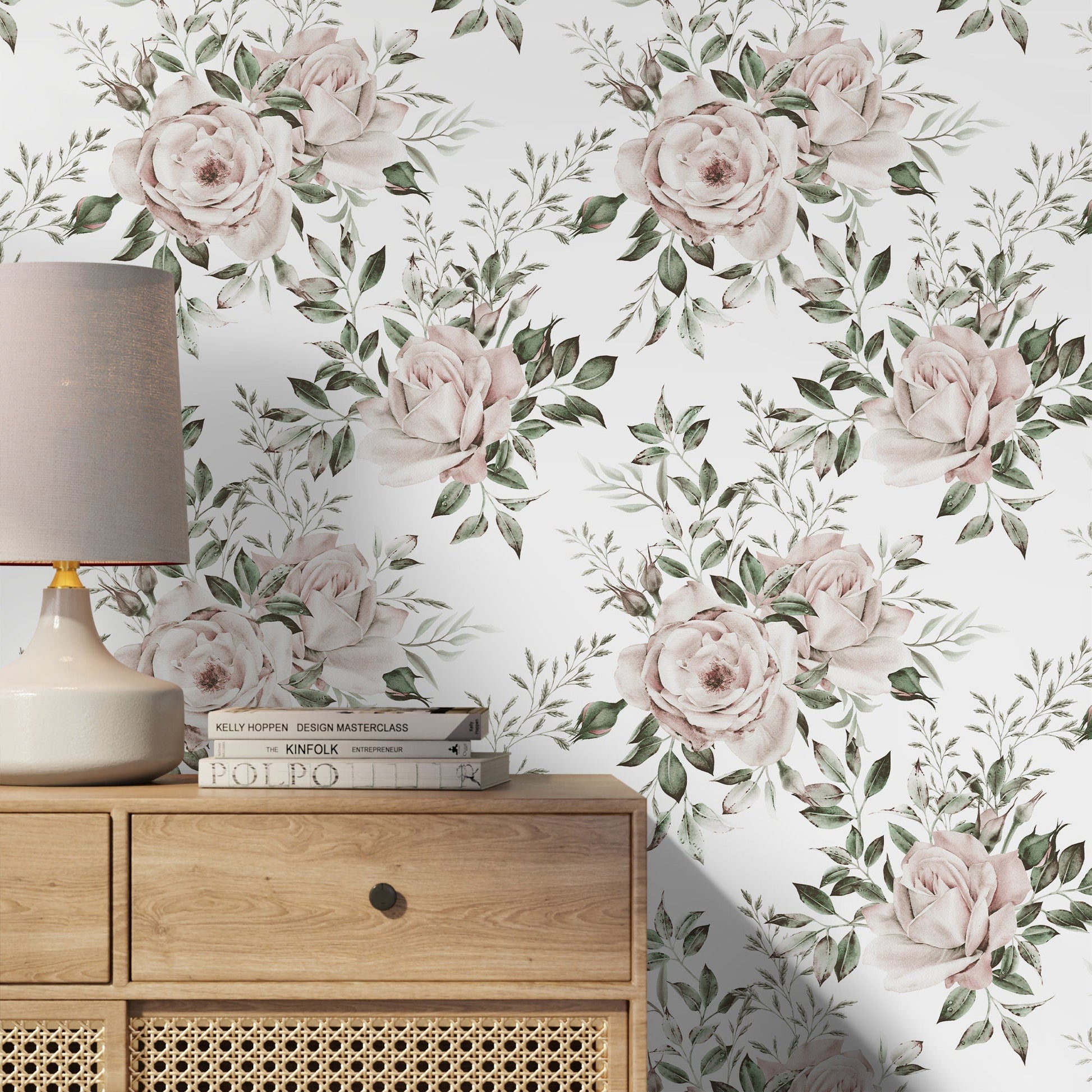 Light Roses Wallpaper Vintage Wallpaper Peel and Stick and Traditional Wallpaper - D644