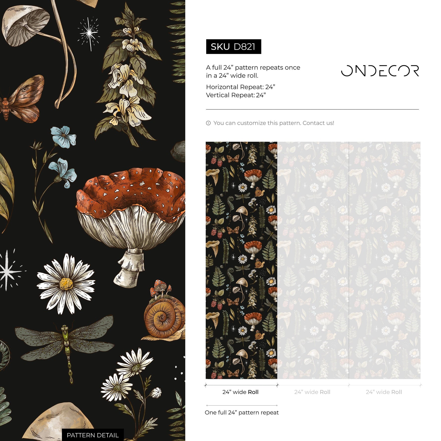 Dark Mushroom Wallpaper Dark Botanical Wallpaper Peel and Stick and Traditional Wallpaper - D821