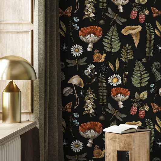 Dark Mushroom Wallpaper Dark Botanical Wallpaper Peel and Stick and Traditional Wallpaper - D821