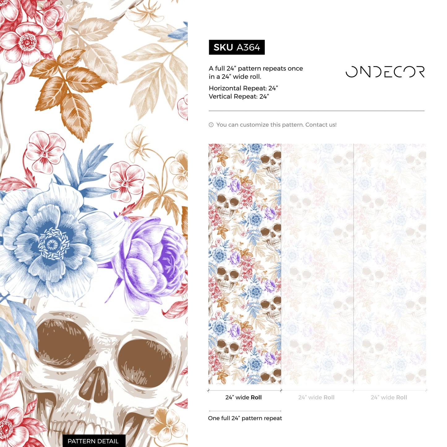 Colorful Tropical Skull Wallpaper Floral Gothic Wallpaper Peel and Stick and Traditional Wallpaper - A364