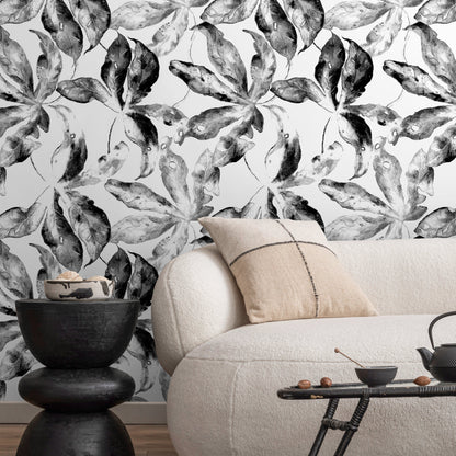 Wallpaper Peel and Stick Wallpaper Removable Wallpaper Home Decor Wall Art Wall Decor Room Decor / Black and White Leaves Wallpaper - D958