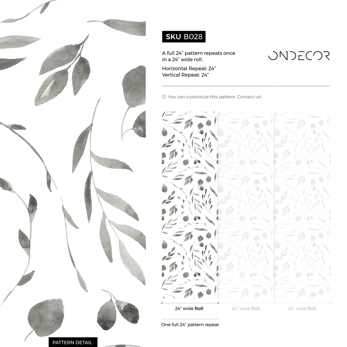 Removable Wallpaper Peel and Stick Wallpaper Wall Paper Wall Mural - Monochromatic Watercolor Leaves Wallpaper - B028