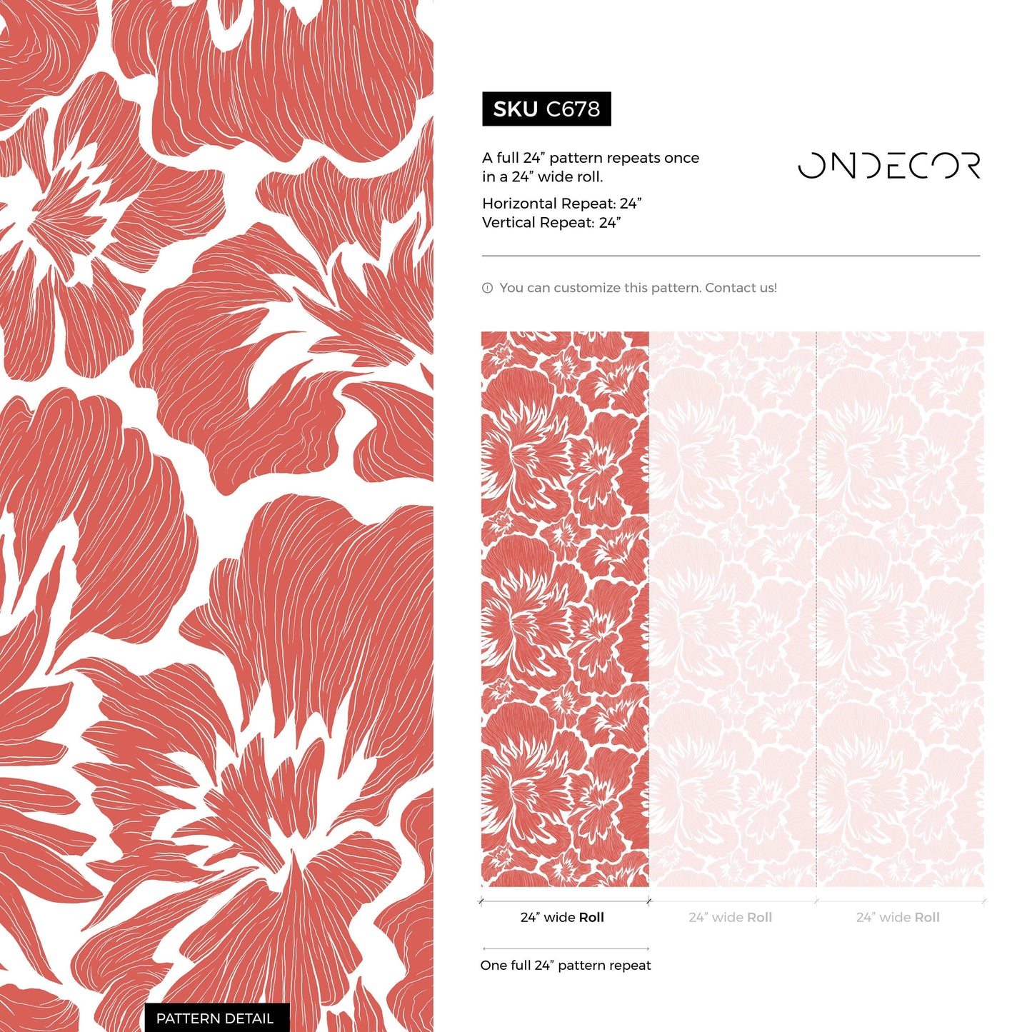 Coral Bold Floral Wallpaper / Peel and Stick Wallpaper Removable Wallpaper Home Decor Wall Art Wall Decor Room Decor - C678