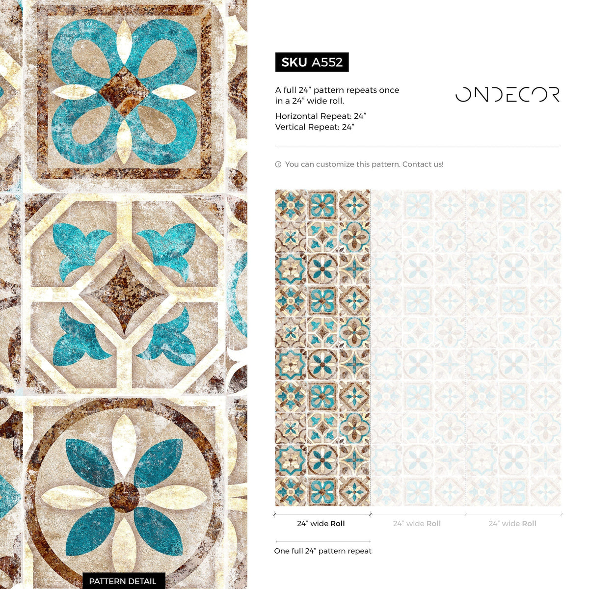 Portuguese Tile Wallpaper Geometric Wallpaper Moroccan Wallpaper Spanish Peel and Stick and Traditional Wallpaper Teal Brown - A552