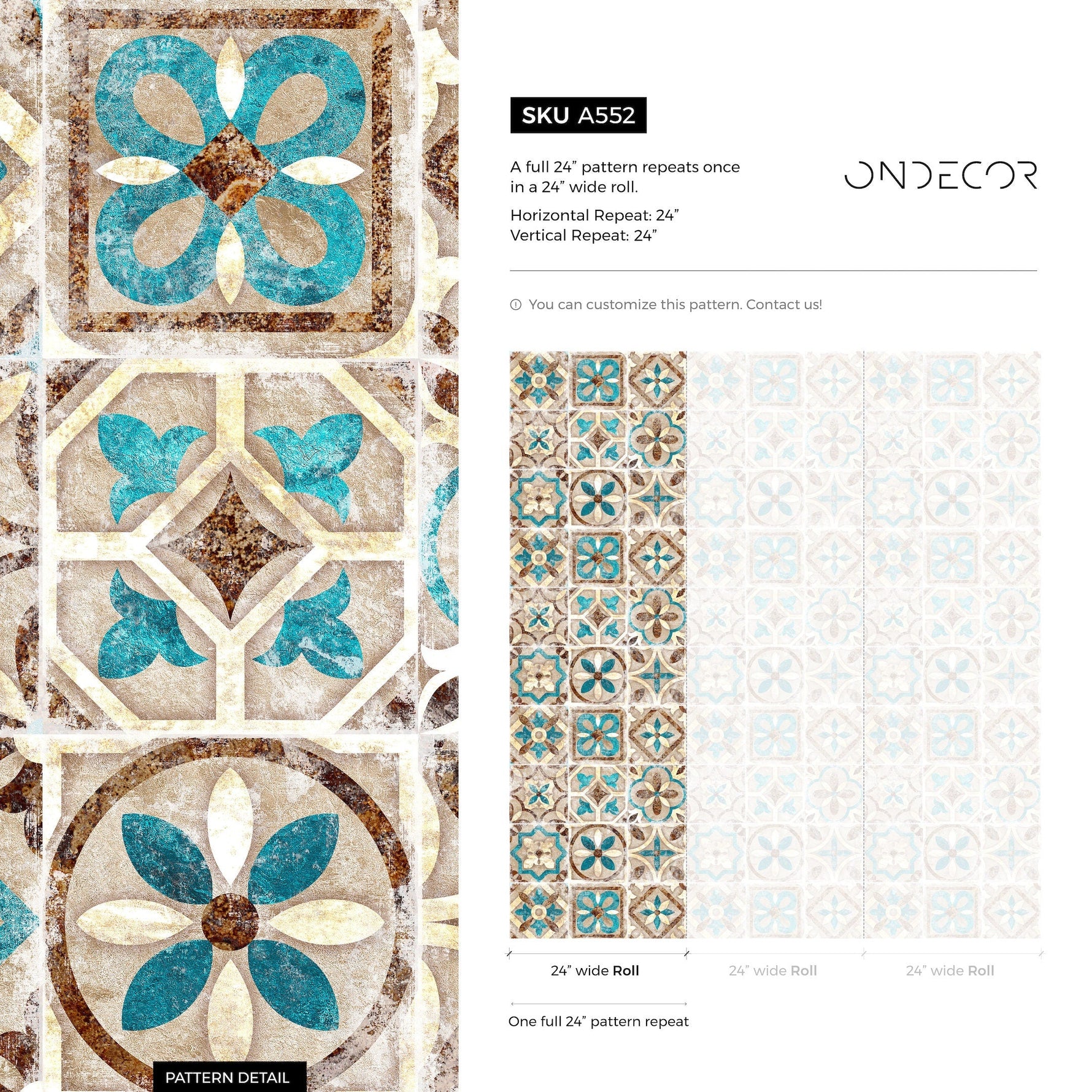 Portuguese Tile Wallpaper Geometric Wallpaper Moroccan Wallpaper Spanish Peel and Stick and Traditional Wallpaper Teal Brown - A552