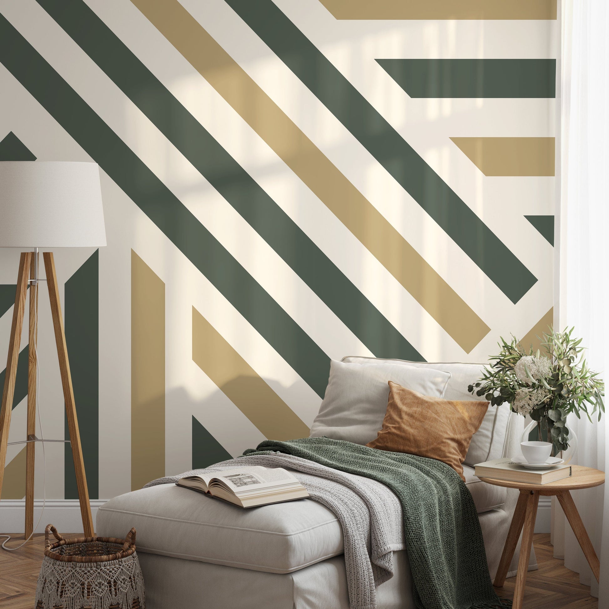 Green Geometric Wallpaper Modern Striped Wallpaper Peel and Stick and Traditional Wallpaper - D732