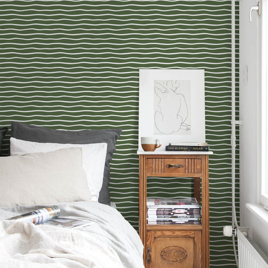 Dark Green Minimalist Lines Wallpaper Boho Wallpaper Peel and Stick and Traditional Wallpaper - D750