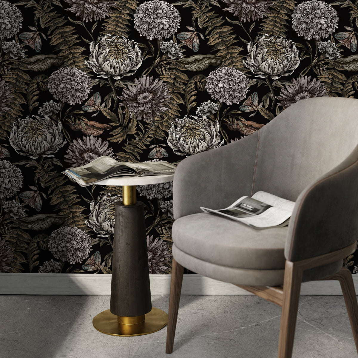 Dark Floral Wallpaper Peonny and Butterflies Wallpaper Peel and Stick and Traditional Wallpaper - D823