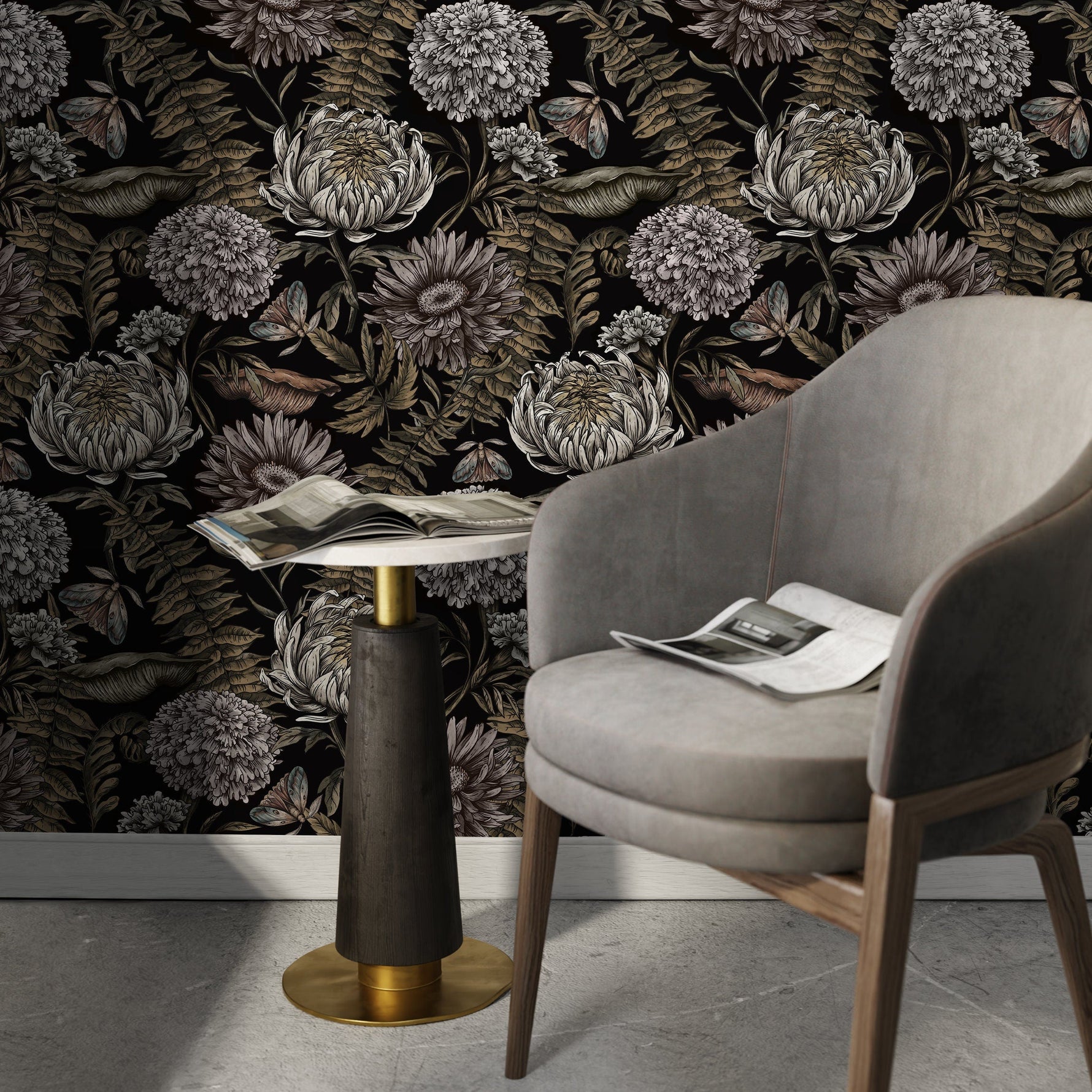 Dark Floral Wallpaper Peonny and Butterflies Wallpaper Peel and Stick and Traditional Wallpaper - D823