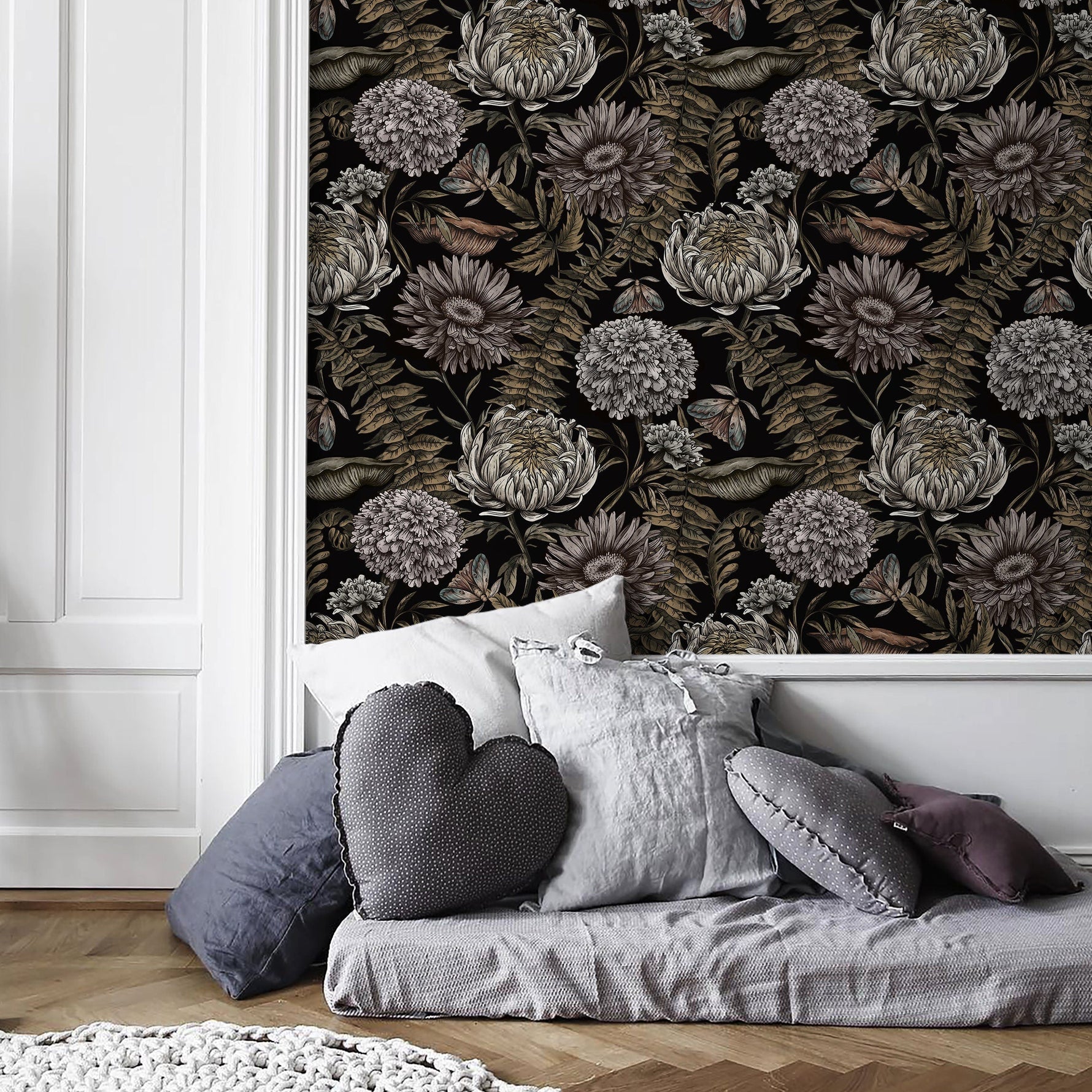 Dark Floral Wallpaper Peonny and Butterflies Wallpaper Peel and Stick and Traditional Wallpaper - D823