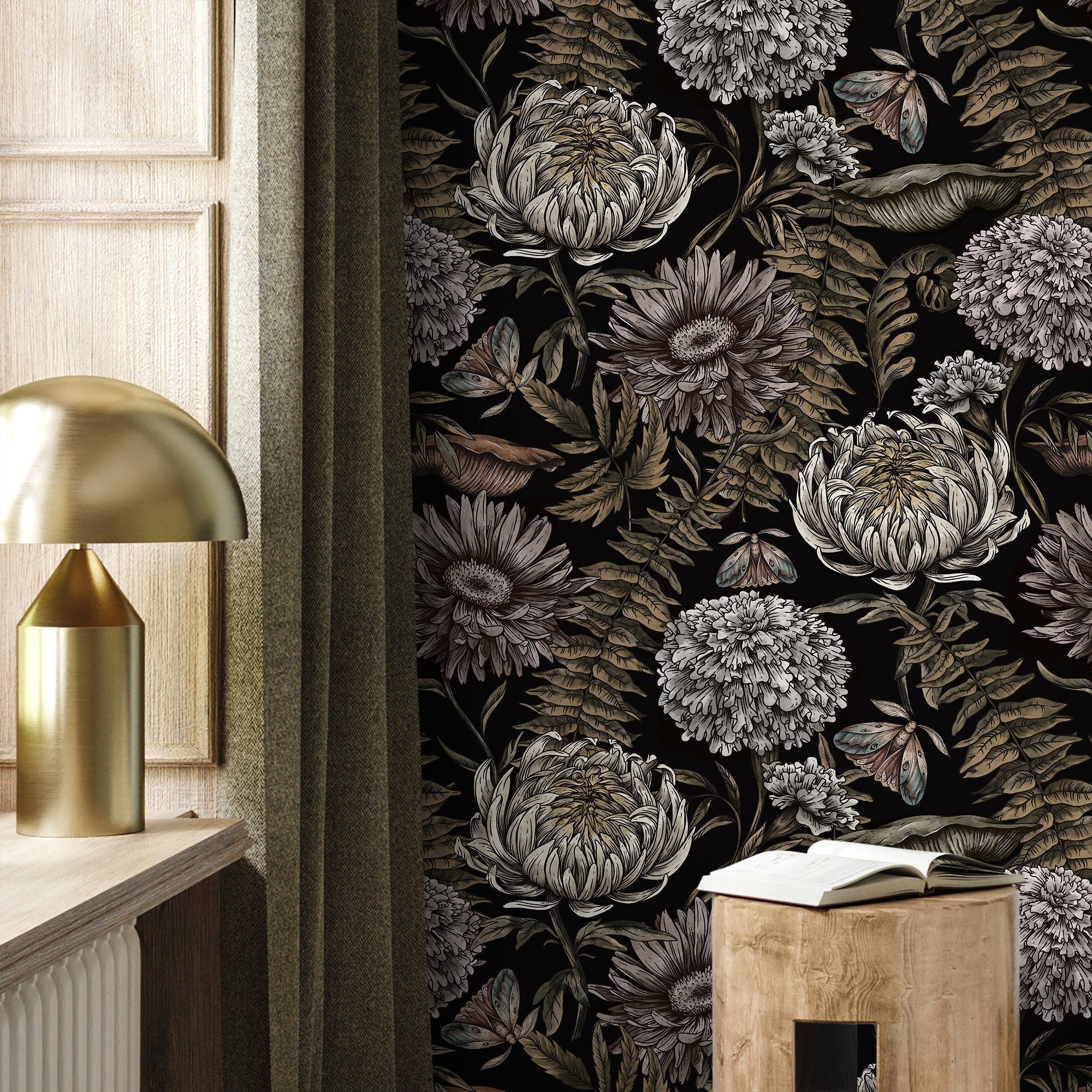 Dark Floral Wallpaper Peonny and Butterflies Wallpaper Peel and Stick and Traditional Wallpaper - D823