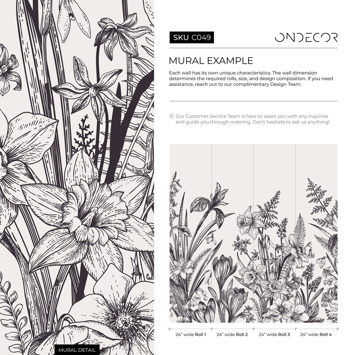Wallpaper Peel and Stick Wallpaper Removable Wallpaper Home Decor Wall Decor Room Decor / Black and White Boho Floral Wallpaper - C049