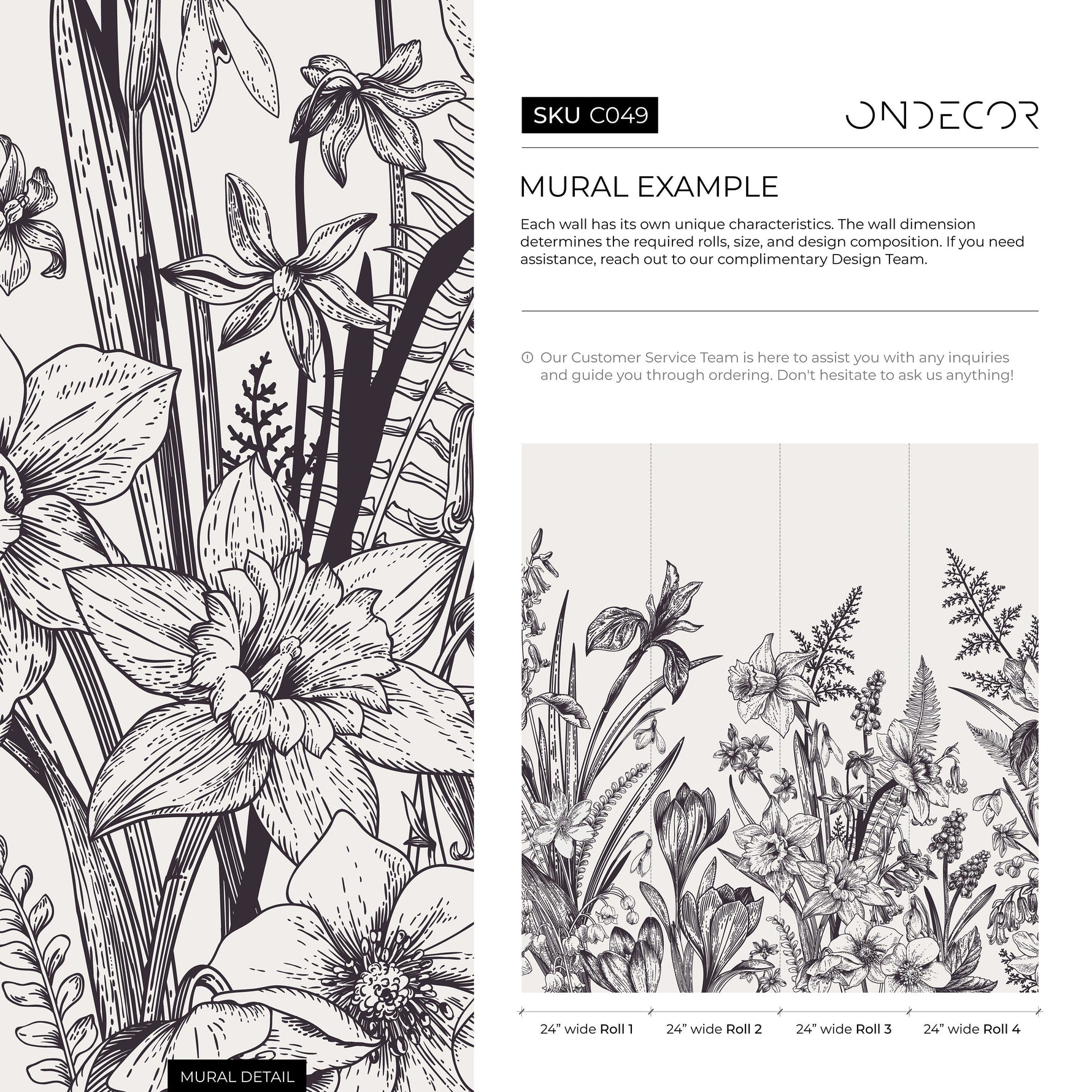 Wallpaper Peel and Stick Wallpaper Removable Wallpaper Home Decor Wall Decor Room Decor / Black and White Boho Floral Wallpaper - C049