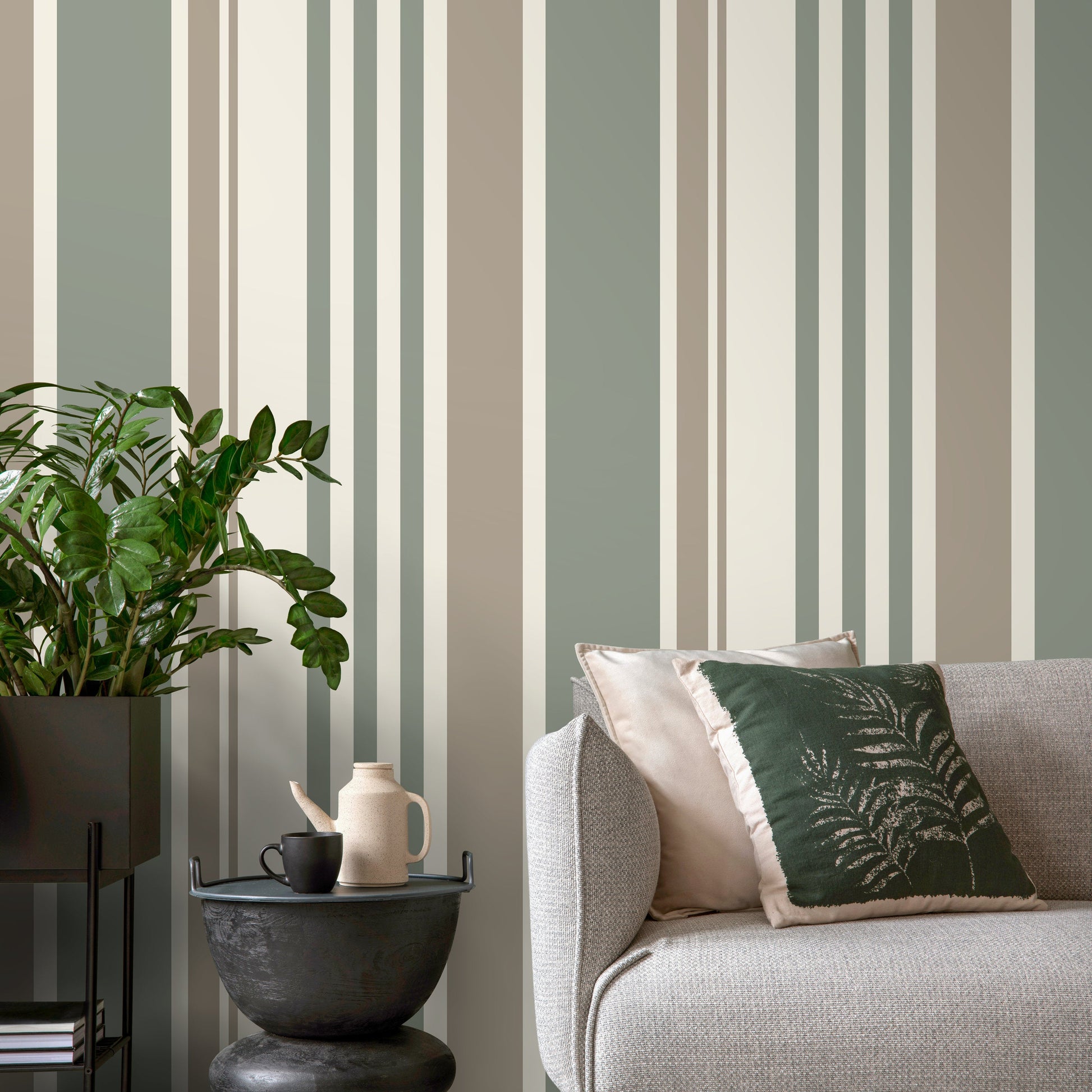 Vertical Striped Wallpaper Green and Grey Wallpaper Peel and Stick and Traditional Wallpaper - D808