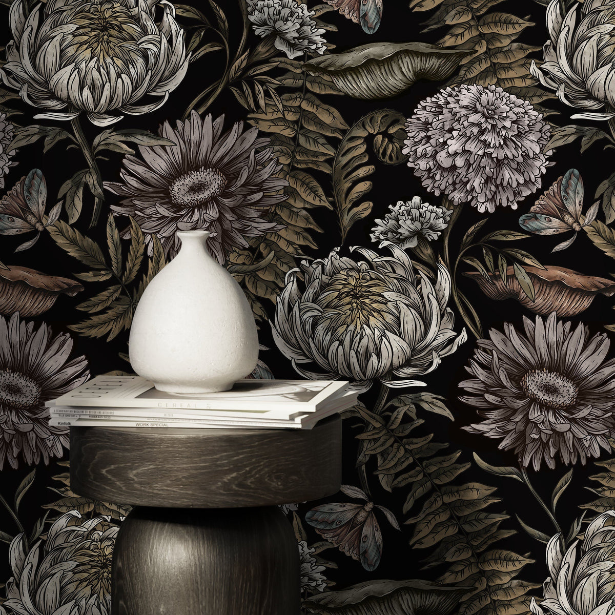 Dark Floral Wallpaper Peonny and Butterflies Wallpaper Peel and Stick and Traditional Wallpaper - D823