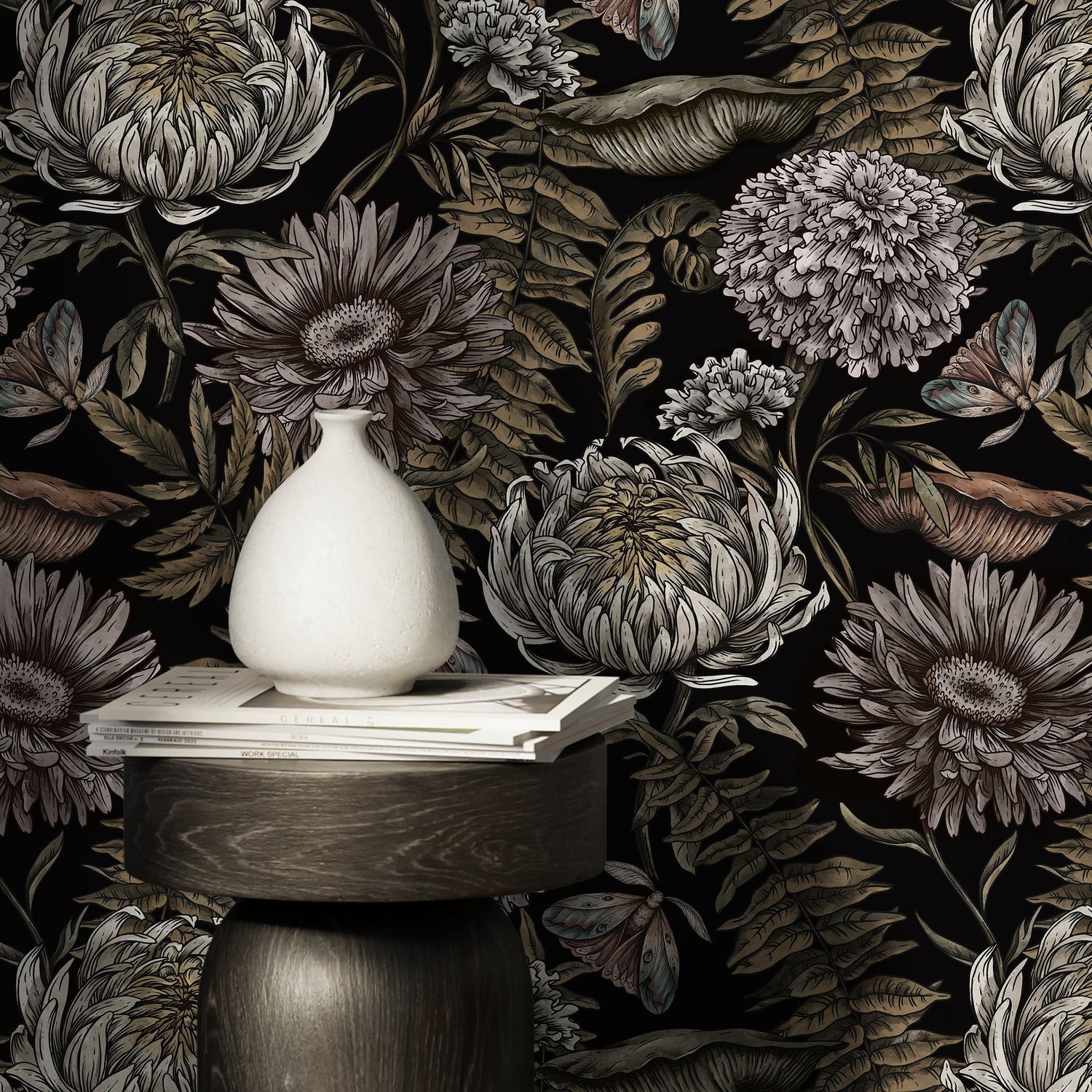 Dark Floral Wallpaper Peonny and Butterflies Wallpaper Peel and Stick and Traditional Wallpaper - D823
