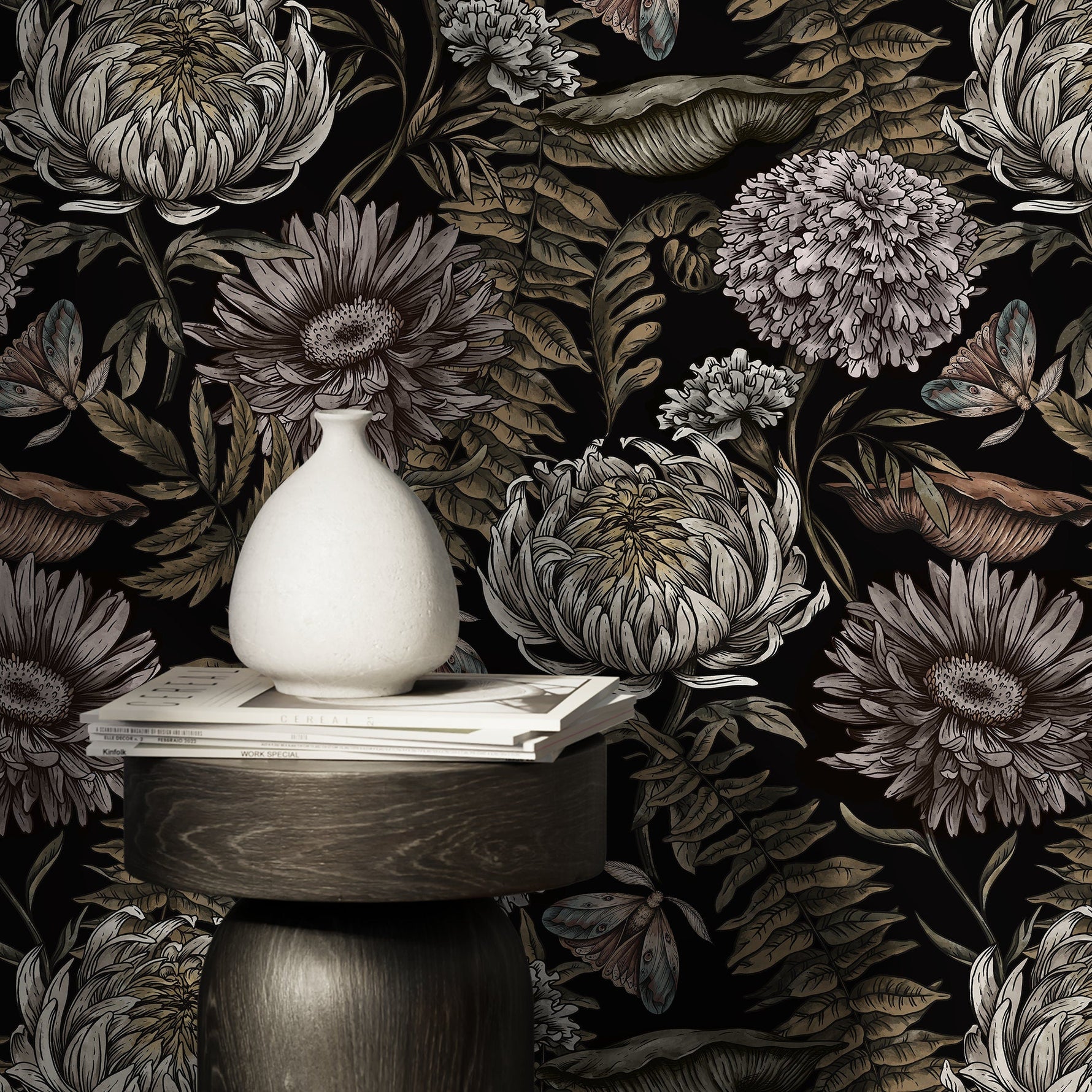 Dark Floral Wallpaper Peonny and Butterflies Wallpaper Peel and Stick and Traditional Wallpaper - D823