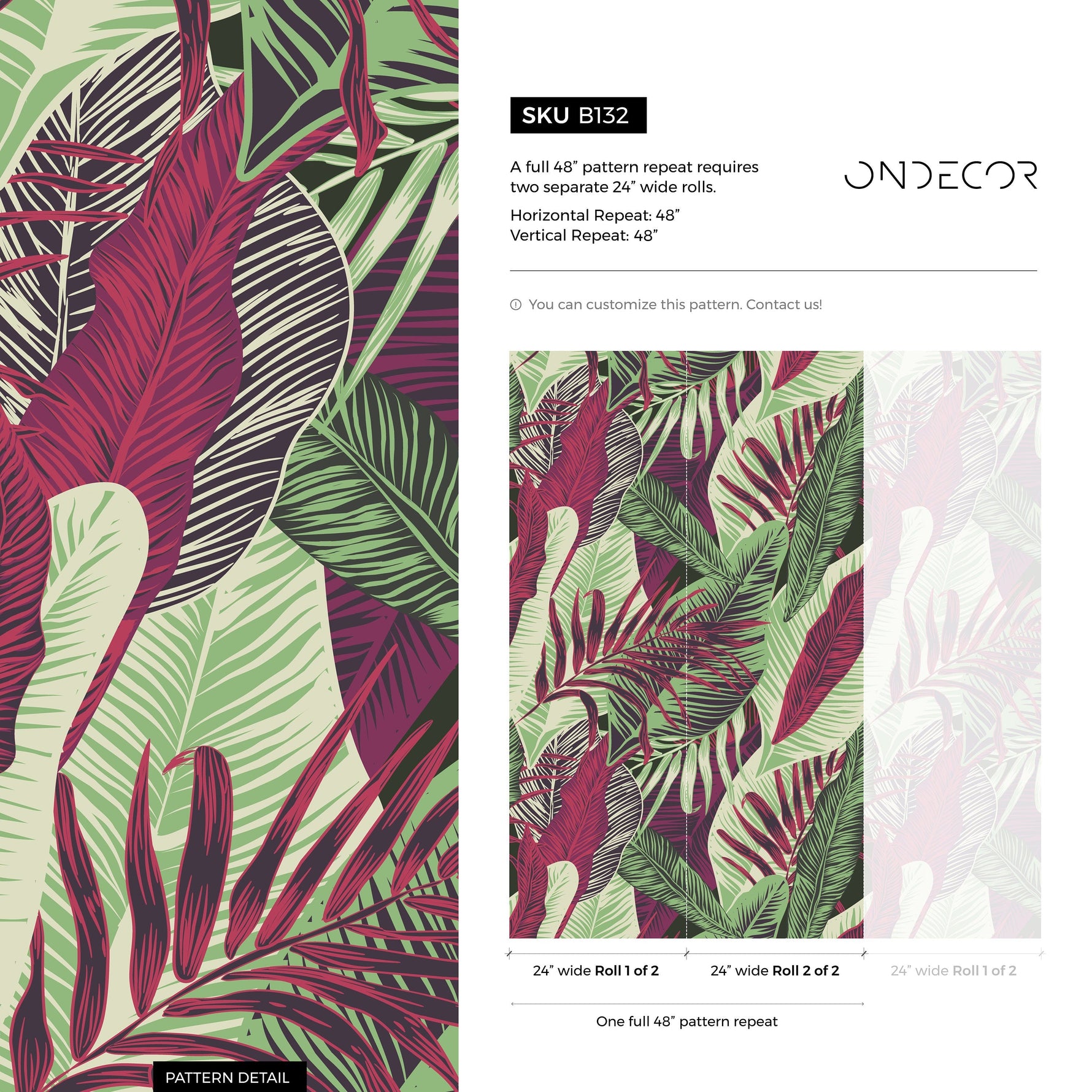 Wallpaper Peel and Stick Wallpaper Removable Wallpaper Home Decor Wall Decor Room Decor/ Red and Green Cool Tropical Leaves Wallpaper -B132