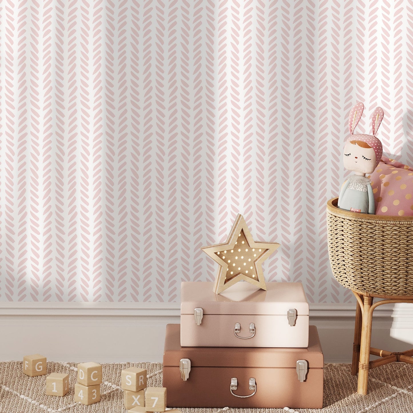 Boho Herringbone in Soft Pink Wallpaper Removable and Repositionable Peel and Stick or Traditional Pre-pasted Wallpaper - ZADB