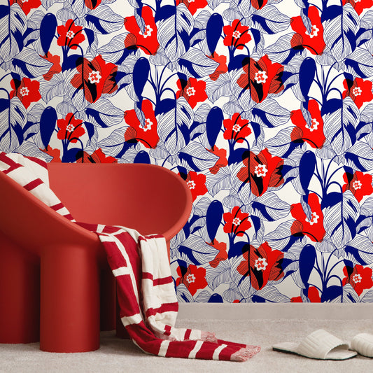 Floral Garden Wallpaper Blue and Red Wallpaper Peel and Stick and Traditional Wallpaper - A791