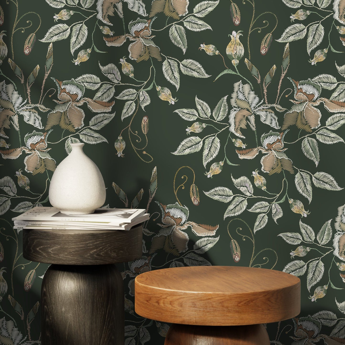 Green Floral Wallpaper Vintage Garden Wallpaper Peel and Stick and Traditional Wallpaper - D869