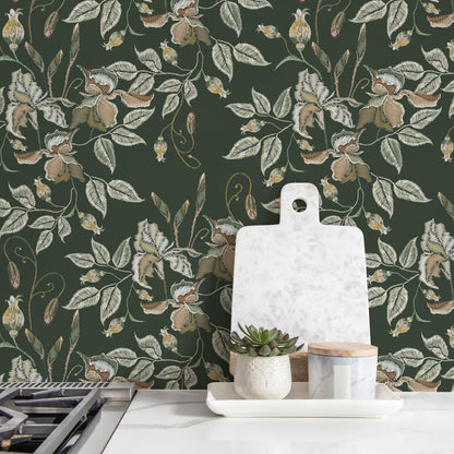 Green Floral Wallpaper Vintage Garden Wallpaper Peel and Stick and Traditional Wallpaper - D869