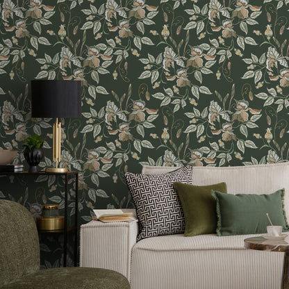 Green Floral Wallpaper Vintage Garden Wallpaper Peel and Stick and Traditional Wallpaper - D869