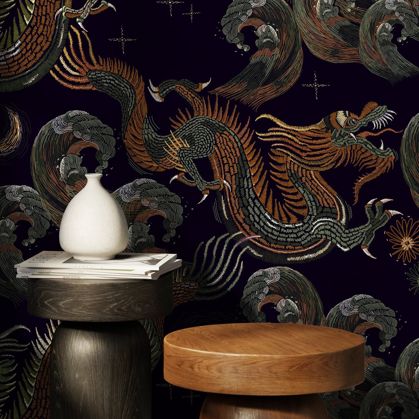 Dark Chinoiserie Wallpaper Vintage Dragon Wallpaper Peel and Stick and Traditional Wallpaper - D877