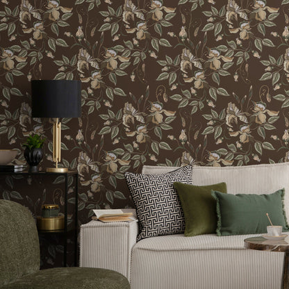 Brown Floral Wallpaper Vintage Garden Wallpaper Peel and Stick and Traditional Wallpaper - D870