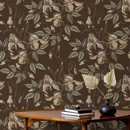 Brown Floral Wallpaper Vintage Garden Wallpaper Peel and Stick and Traditional Wallpaper - D870