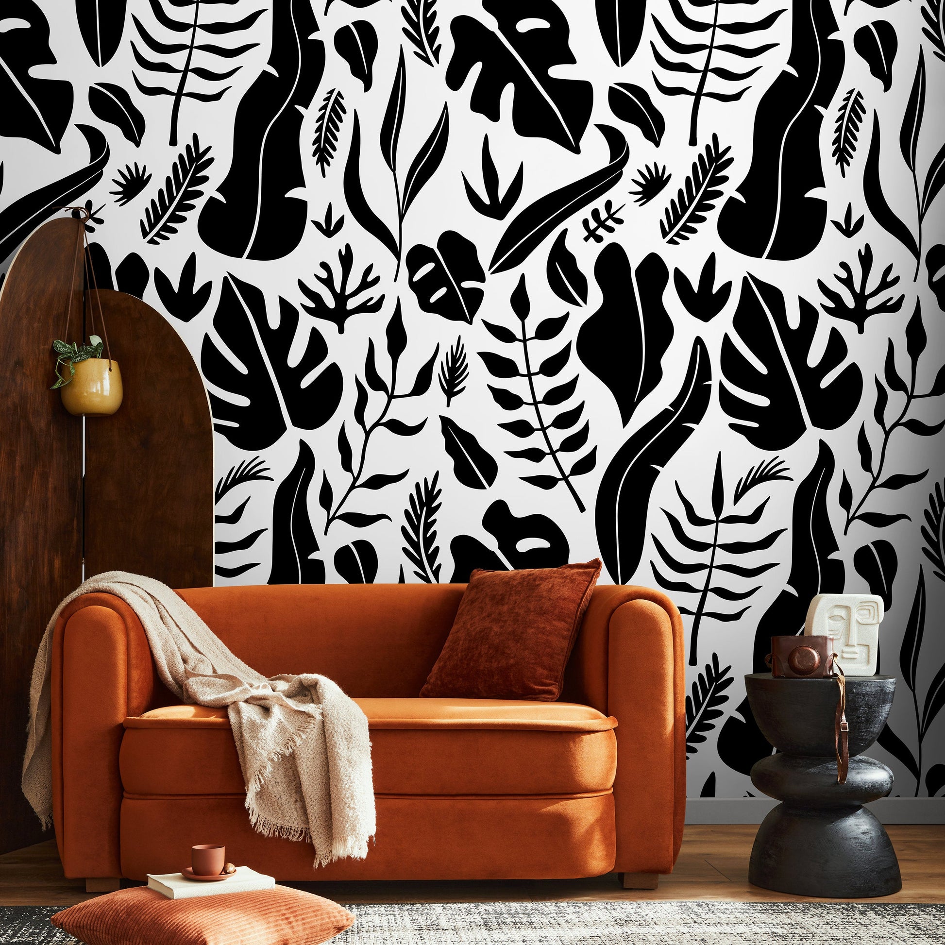 Wallpaper Peel and Stick Wallpaper Removable Wallpaper Home Decor Wall Decor Room Decor / Black and White Tropical Leaves - C261