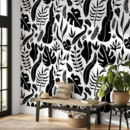 Wallpaper Peel and Stick Wallpaper Removable Wallpaper Home Decor Wall Decor Room Decor / Black and White Tropical Leaves - C261