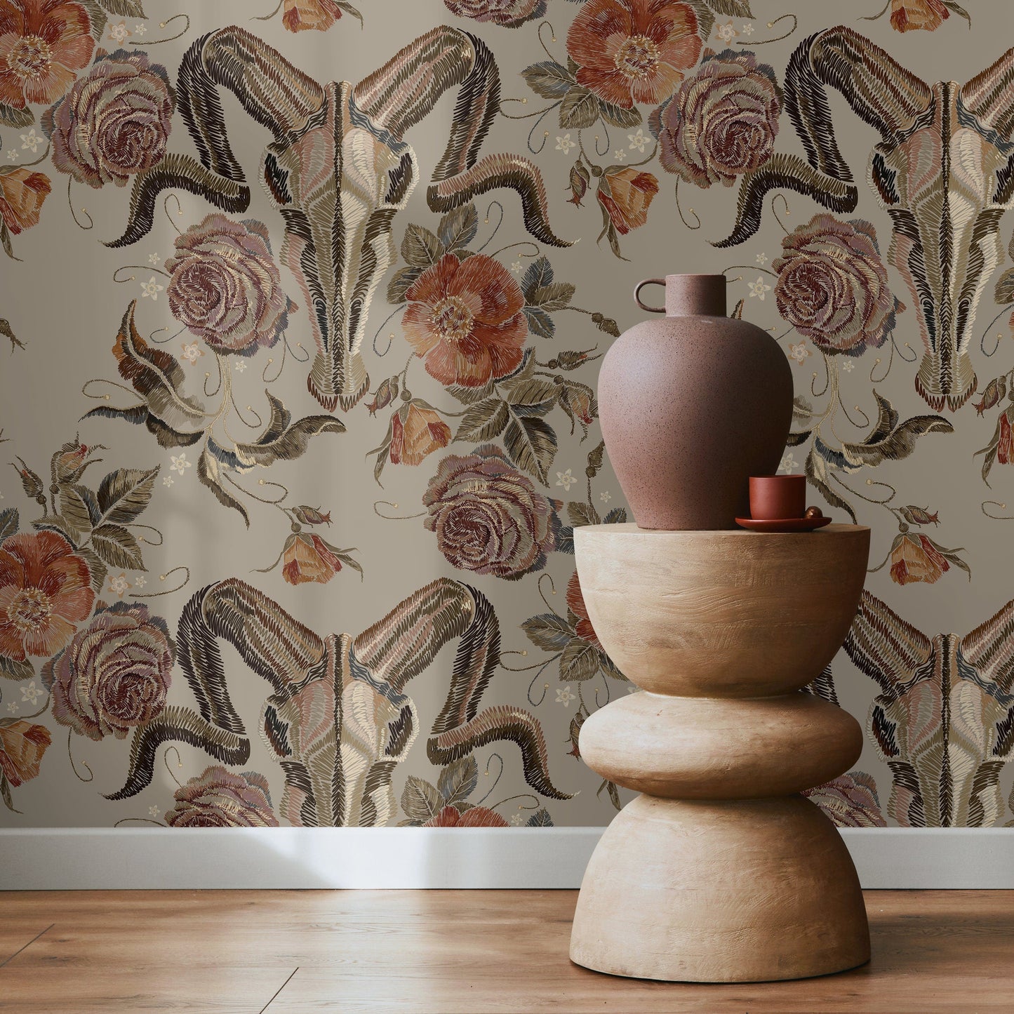 Goat Skull Wallpaper Vintage Floral Wallpaper Peel and Stick and Traditional Wallpaper - D887