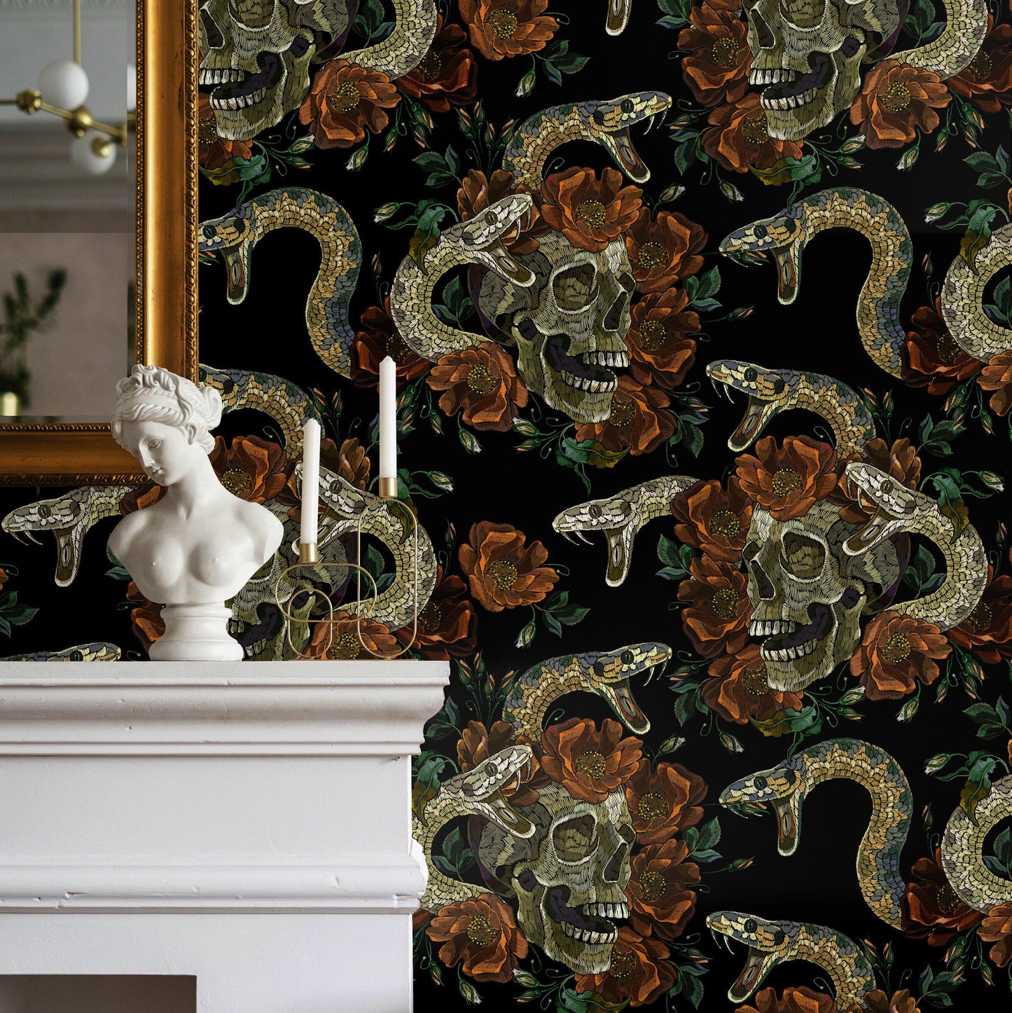 Dark Floral Wallpaper Snake and Skulls Wallpaper Peel and Stick and Traditional Wallpaper - D901