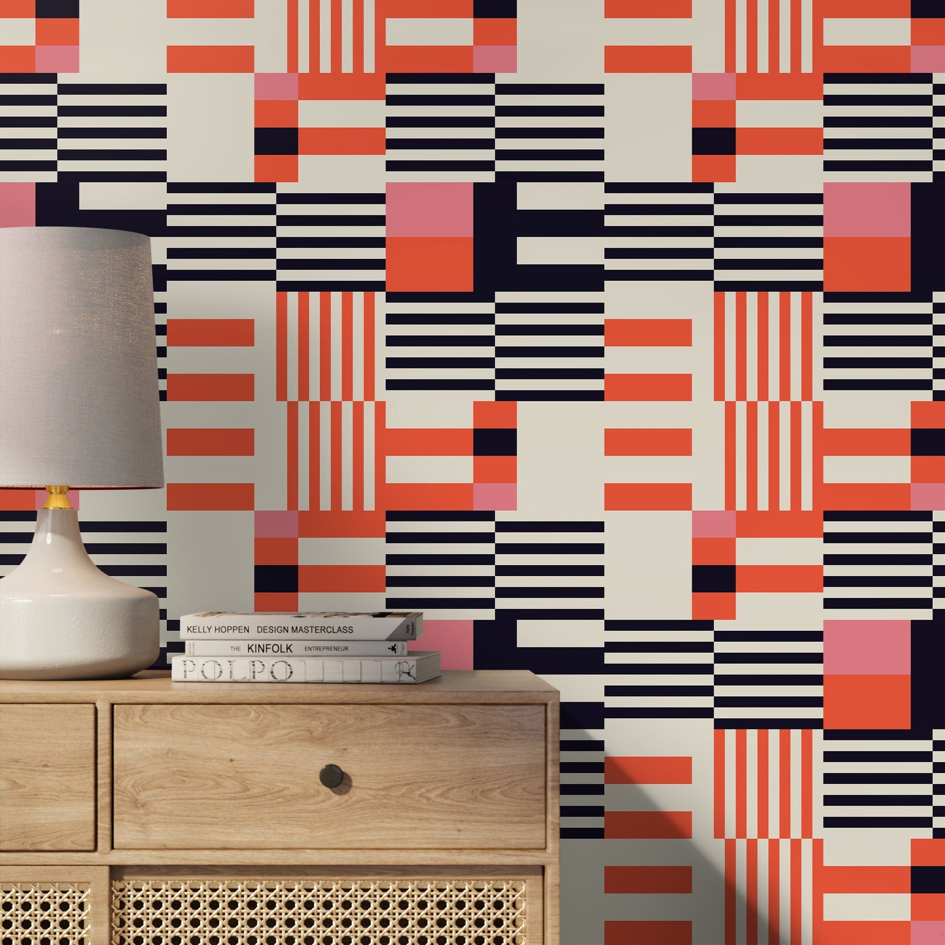 Geometric Wallpaper Modern Black and Orange Wallpaper Peel and Stick and Traditional Wallpaper - D848