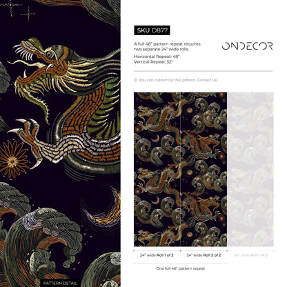 Dark Chinoiserie Wallpaper Vintage Dragon Wallpaper Peel and Stick and Traditional Wallpaper - D877