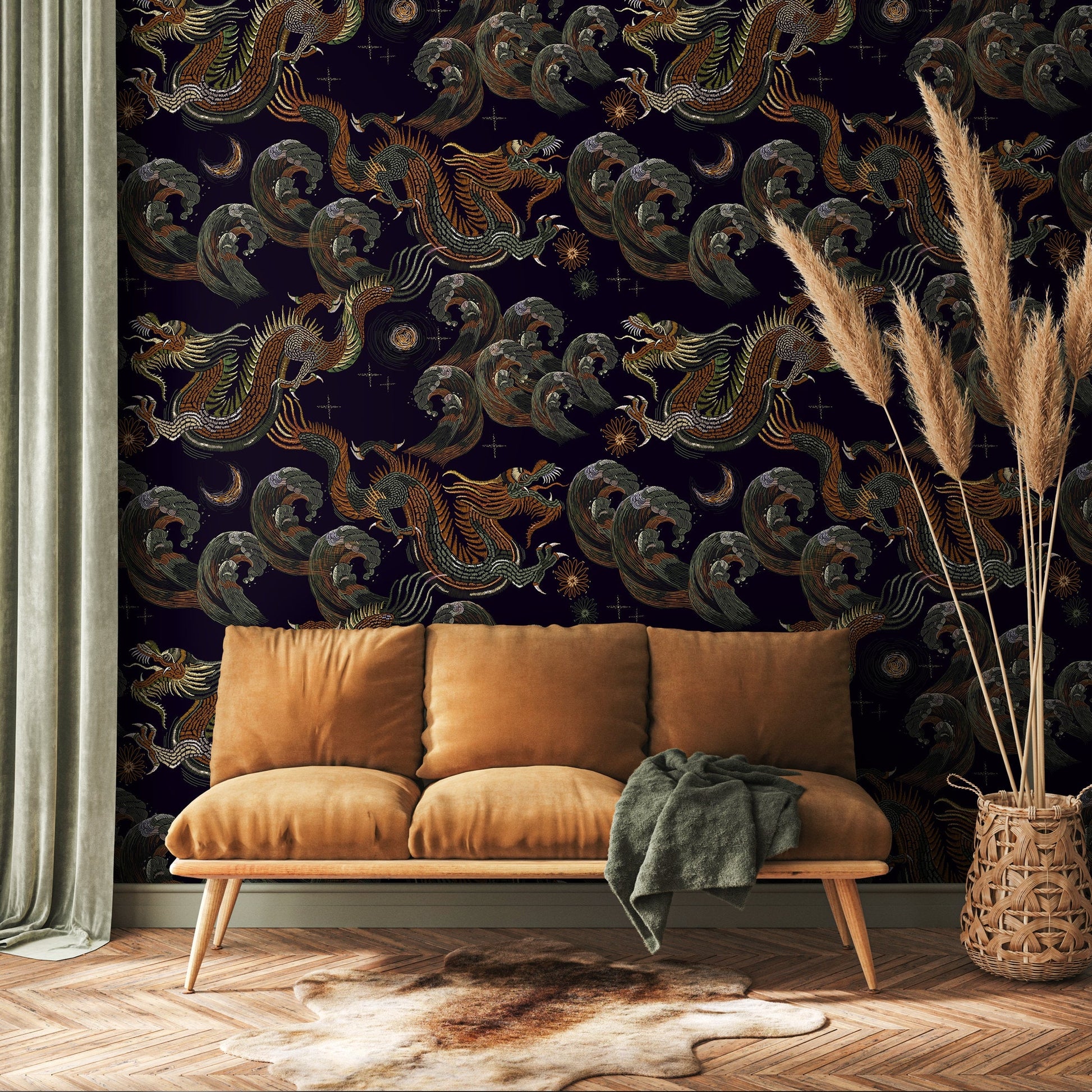 Dark Chinoiserie Wallpaper Vintage Dragon Wallpaper Peel and Stick and Traditional Wallpaper - D877