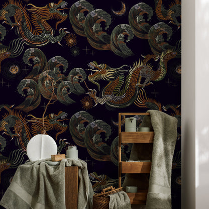 Dark Chinoiserie Wallpaper Vintage Dragon Wallpaper Peel and Stick and Traditional Wallpaper - D877