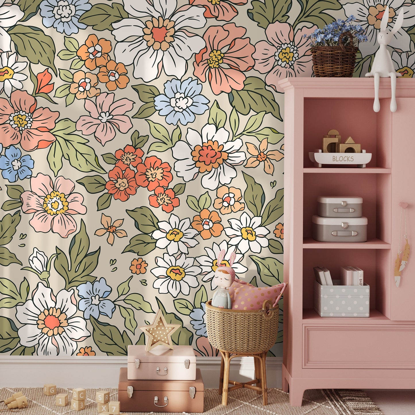 Annete Vintage Meadow Flowers Mural - Large Scale Wallpaper Floral Peel and Stick Removable Repositionable or Traditional Pre-pasted - ZACH