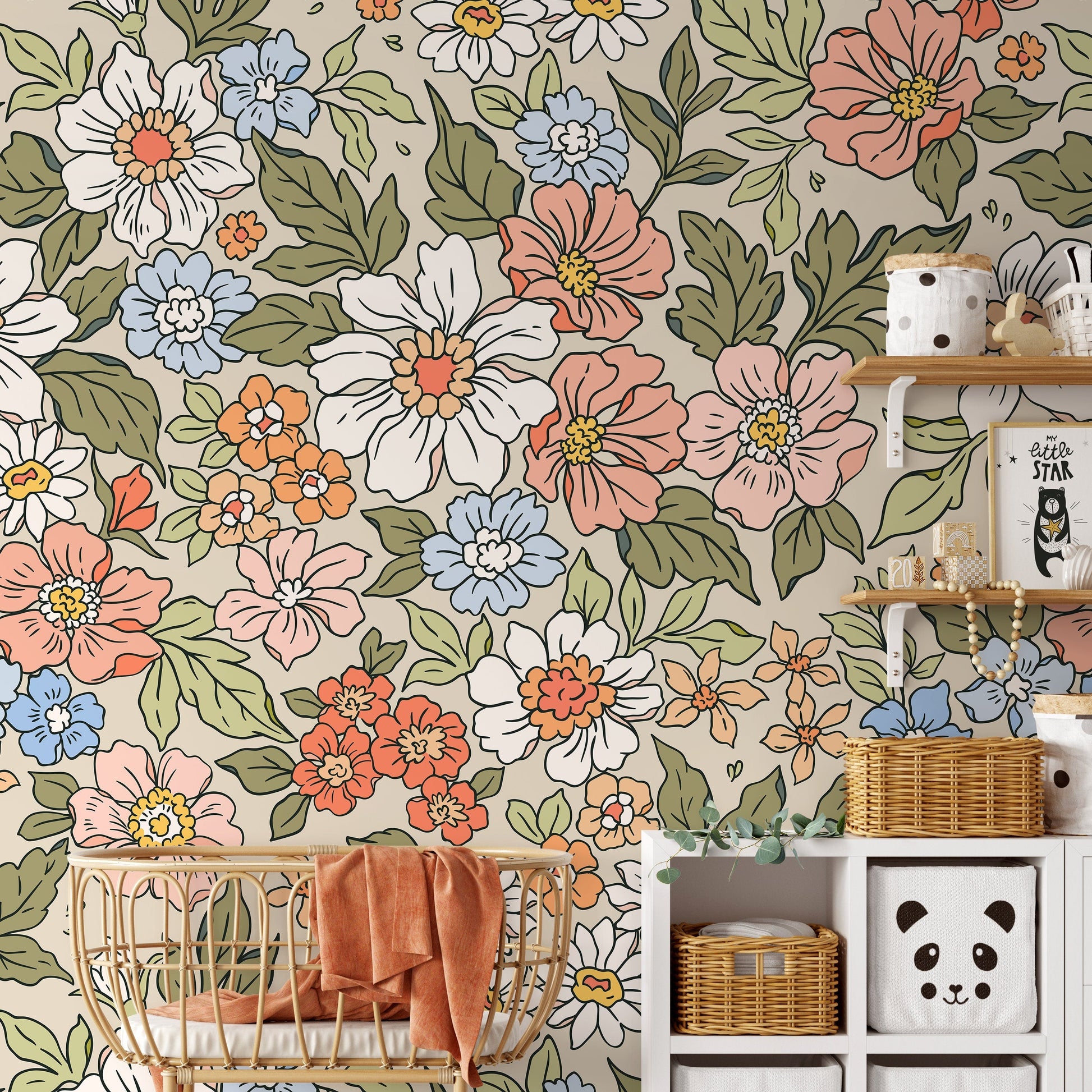 Annete Vintage Meadow Flowers Mural - Large Scale Wallpaper Floral Peel and Stick Removable Repositionable or Traditional Pre-pasted - ZACH