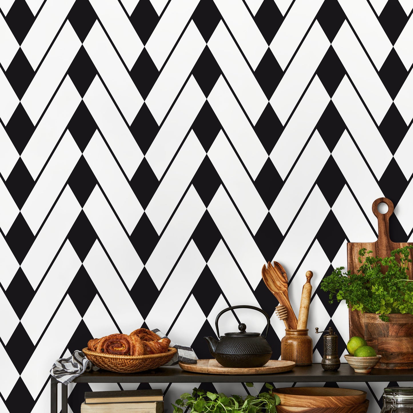 Black and White Modern Wallpaper Geometric Wallpaper Chevron Wallpaper Peel and Stick Wallpaper - A327