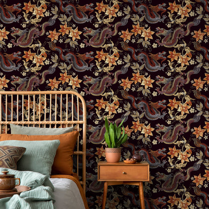 Dragon Chinoiserie Wallpaper Floral Vintage Wallpaper Peel and Stick and Traditional Wallpaper - D874