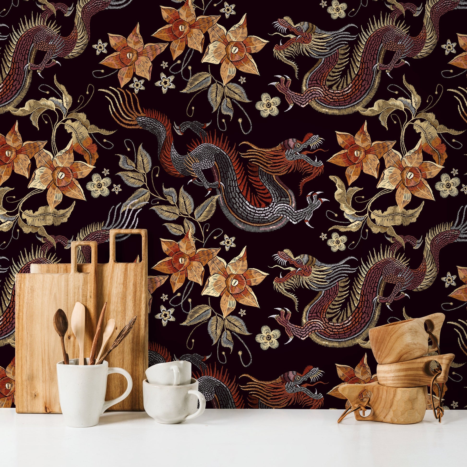 Dragon Chinoiserie Wallpaper Floral Vintage Wallpaper Peel and Stick and Traditional Wallpaper - D874