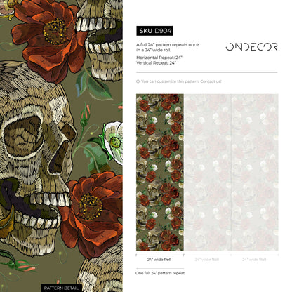 Floral and Skulls Wallpaper Maximalist Wallpaper Peel and Stick and Traditional Wallpaper - D904