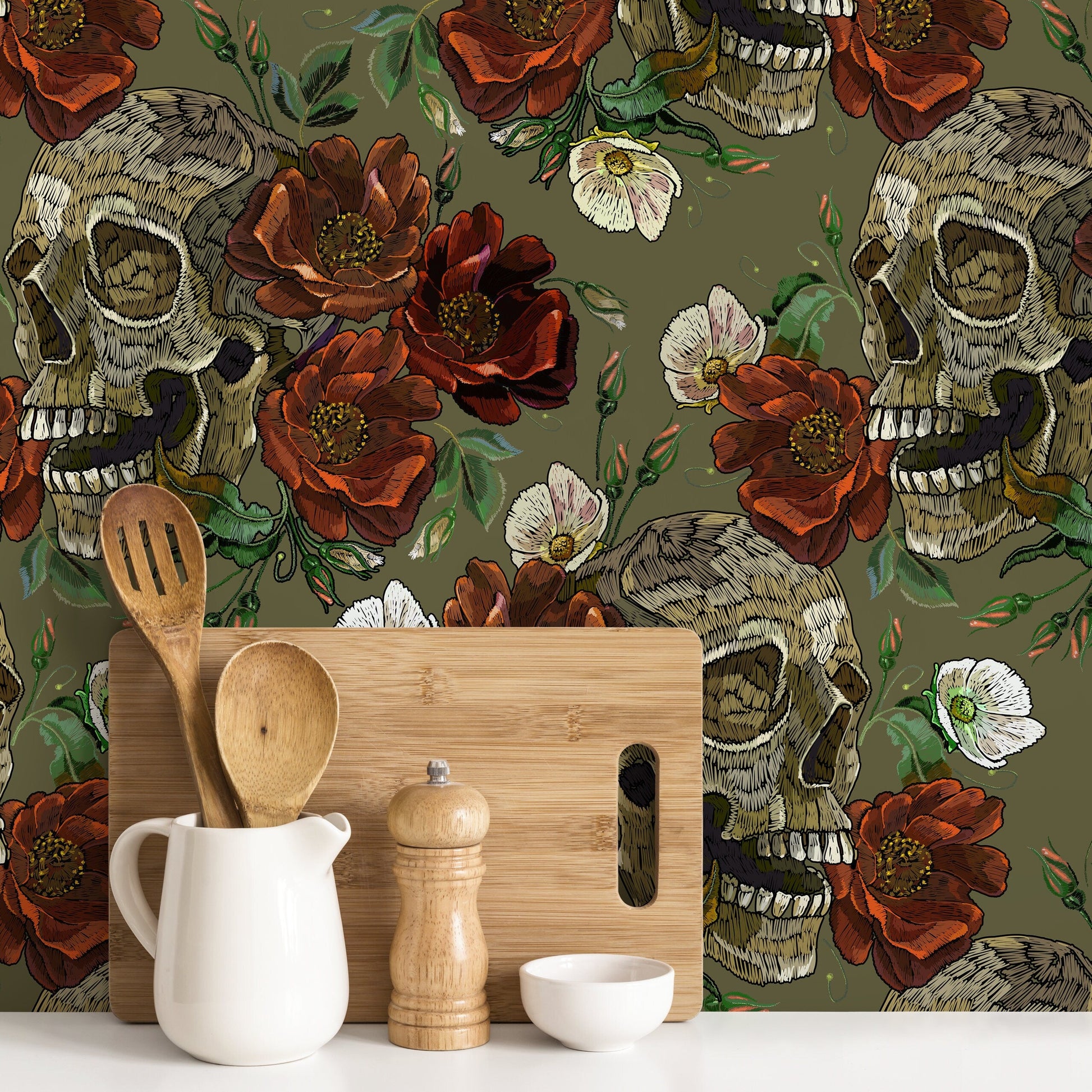 Floral and Skulls Wallpaper Maximalist Wallpaper Peel and Stick and Traditional Wallpaper - D904