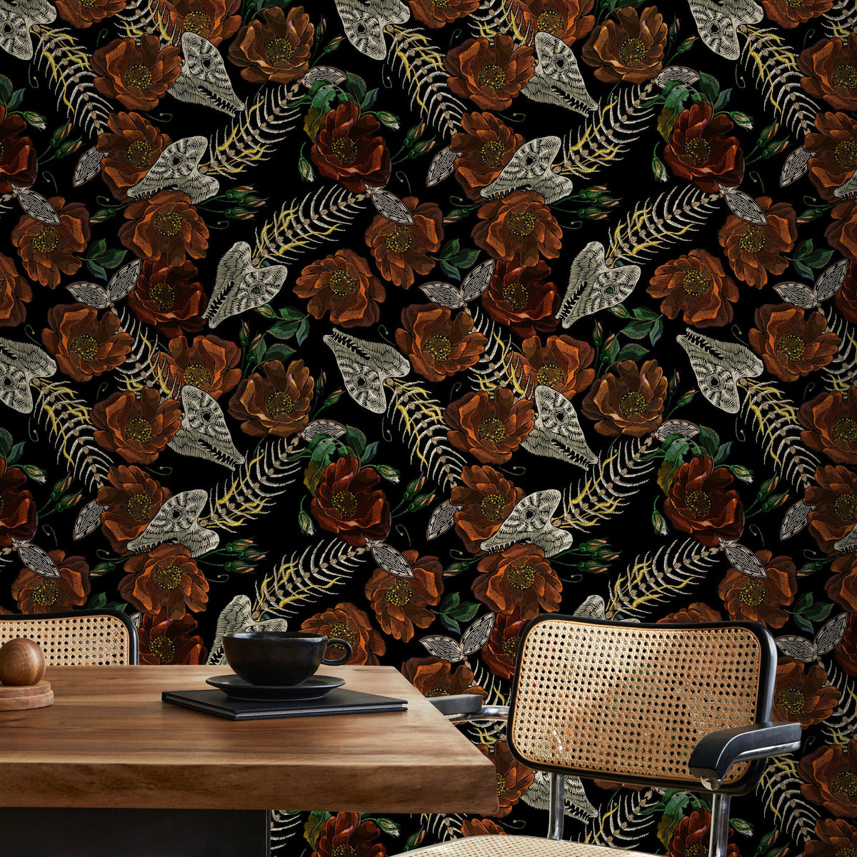 Vintage Floral Wallpaper Fish Skeleton Wallpaper Peel and Stick and Traditional Wallpaper - D913