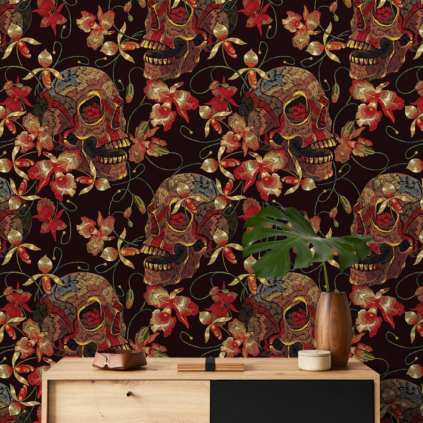 Floral Skull Wallpaper Red and Black Wallpaper Peel and Stick and Traditional Wallpaper - D896