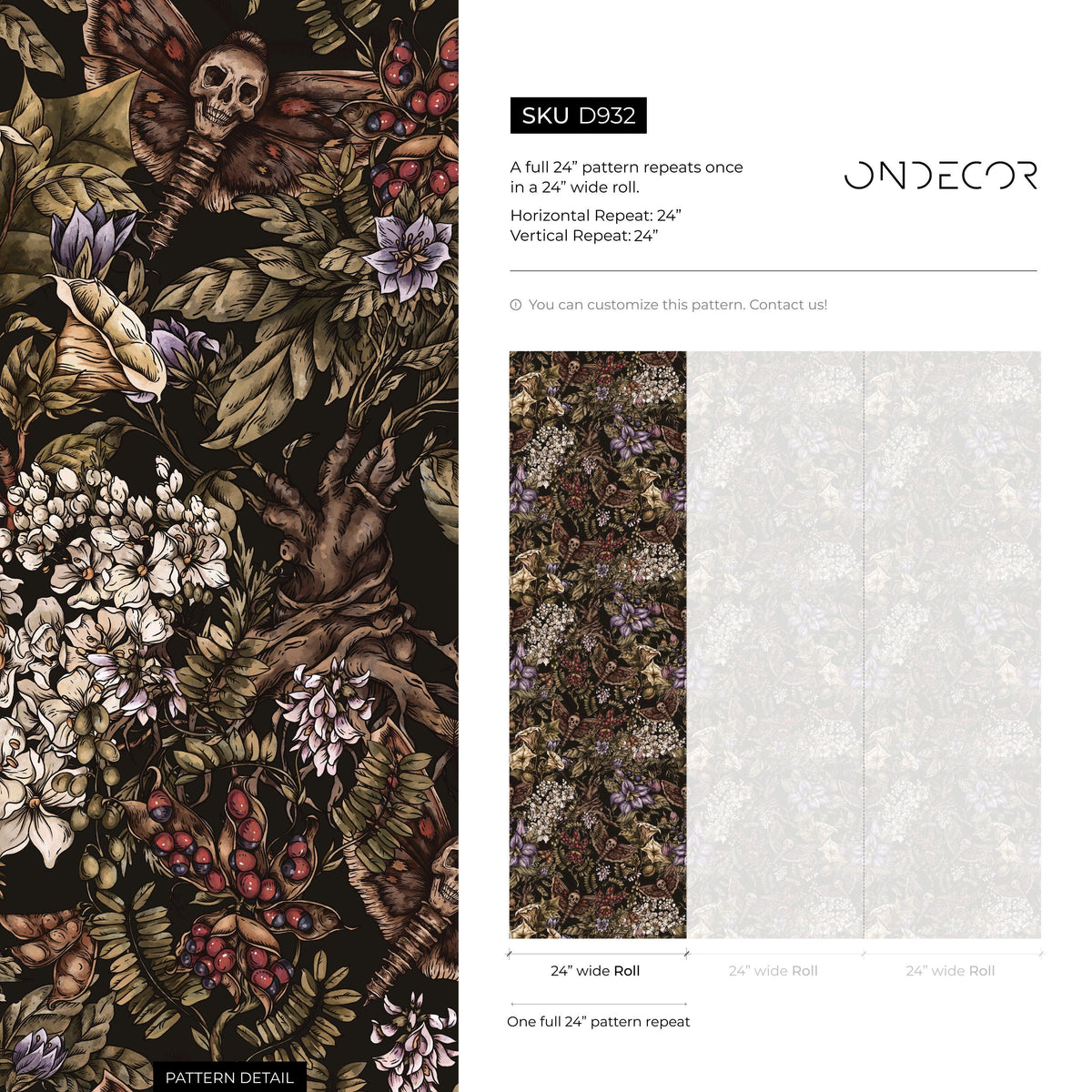 Dark Botanical Wallpaper Gothic Floral Wallpaper Peel and Stick and Traditional Wallpaper - D932