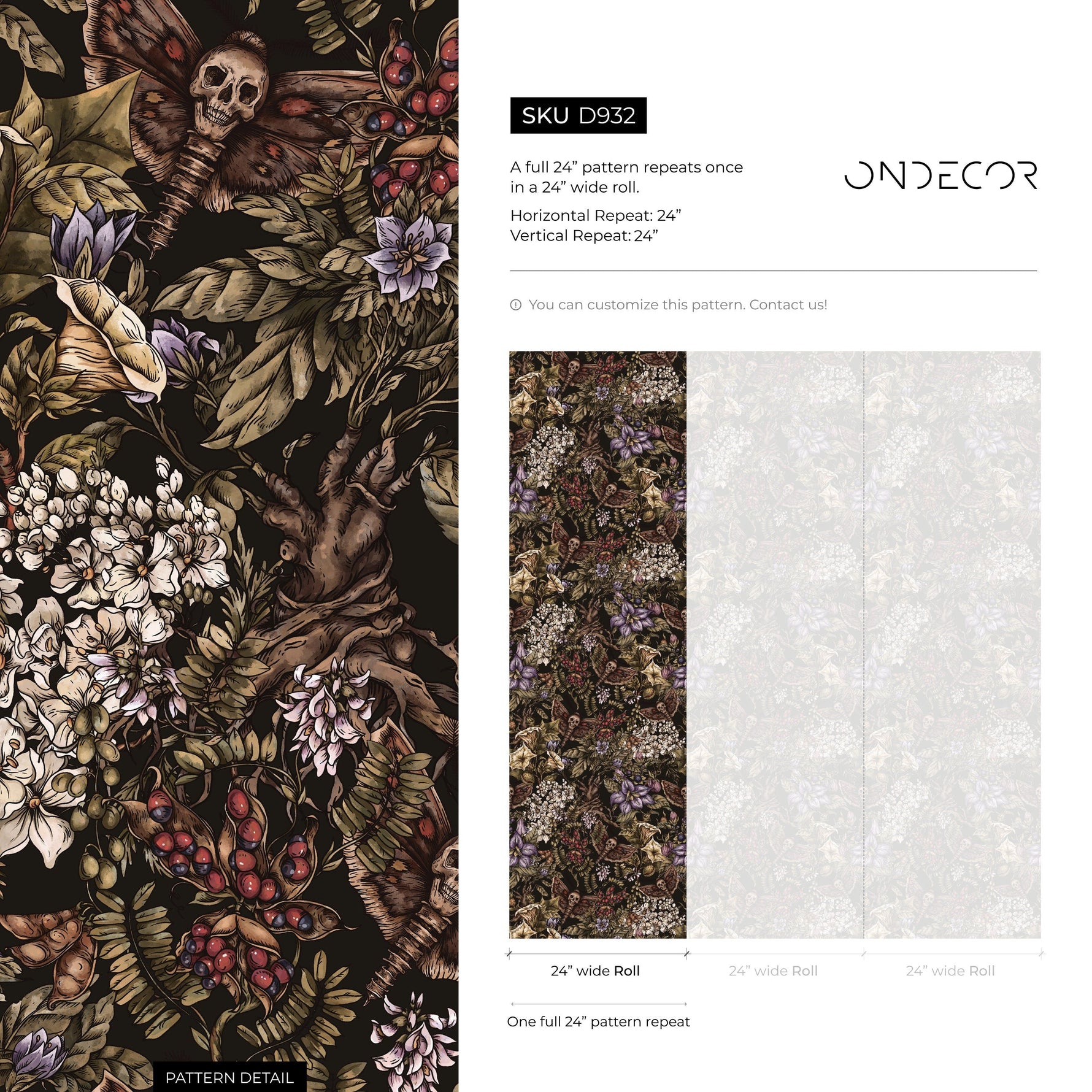 Dark Botanical Wallpaper Gothic Floral Wallpaper Peel and Stick and Traditional Wallpaper - D932